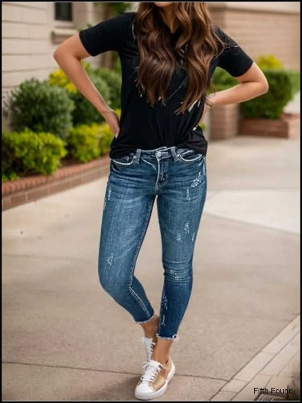 Mid Rise Crop Skinny Jeans Ripped Raw Hem Butt Lifting Denim Pants